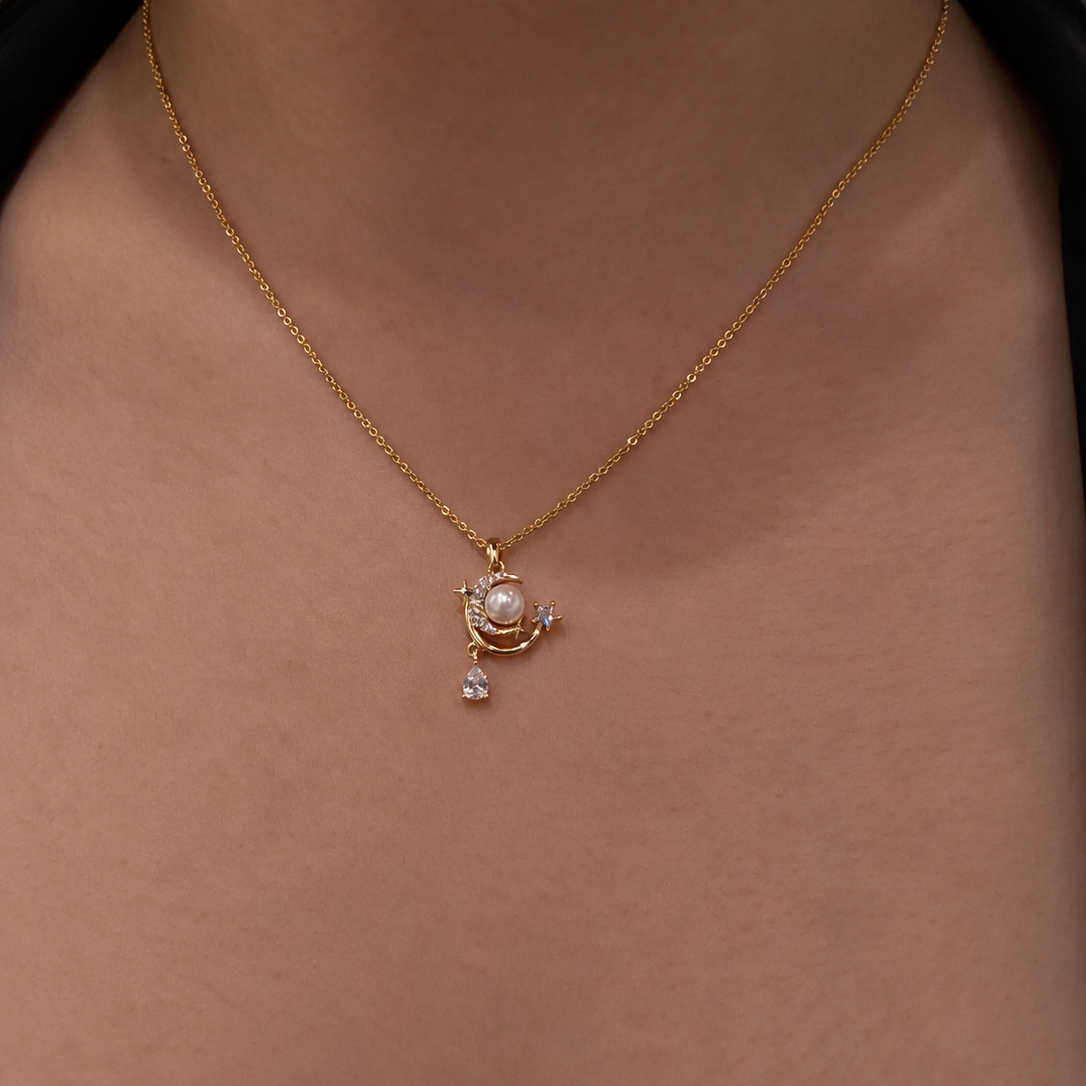 Moon & Star Pearl Gold-Plated Brass Pendant Necklace