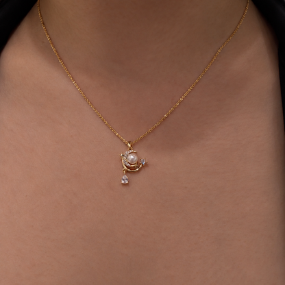 Moon & Star Pearl Gold-Plated Brass Pendant Necklace