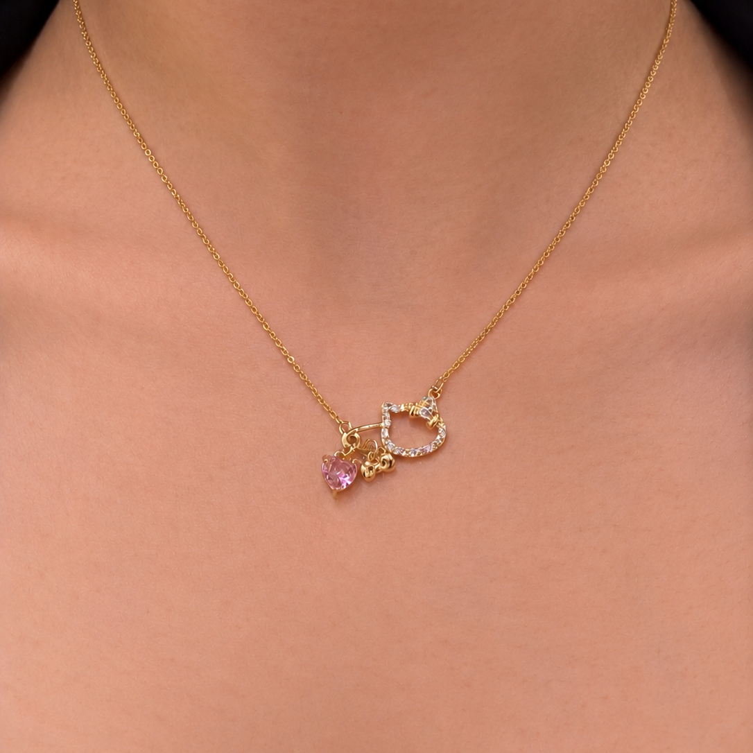 Pink Heart & Hello Kitty Charm Gold-Plated Brass Necklace