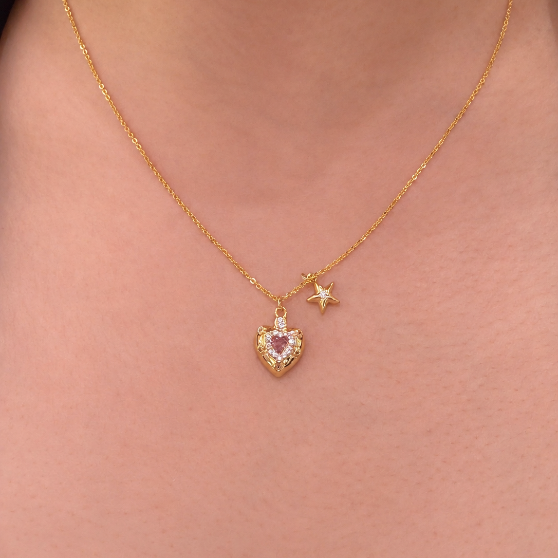 Pink Heart & Star Gold-Plated Brass Pendant Necklace