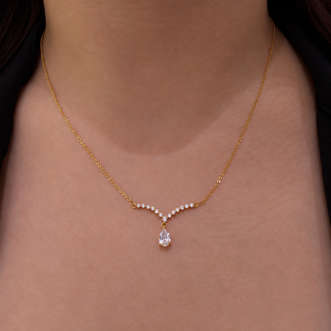 V-Shaped Teardrop Crystal Gold-Plated Brass Pendant Necklace – Zilvia ...