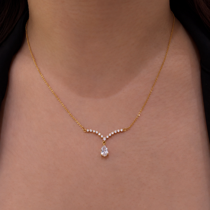 V-Shaped Teardrop Crystal Gold-Plated Brass Pendant Necklace