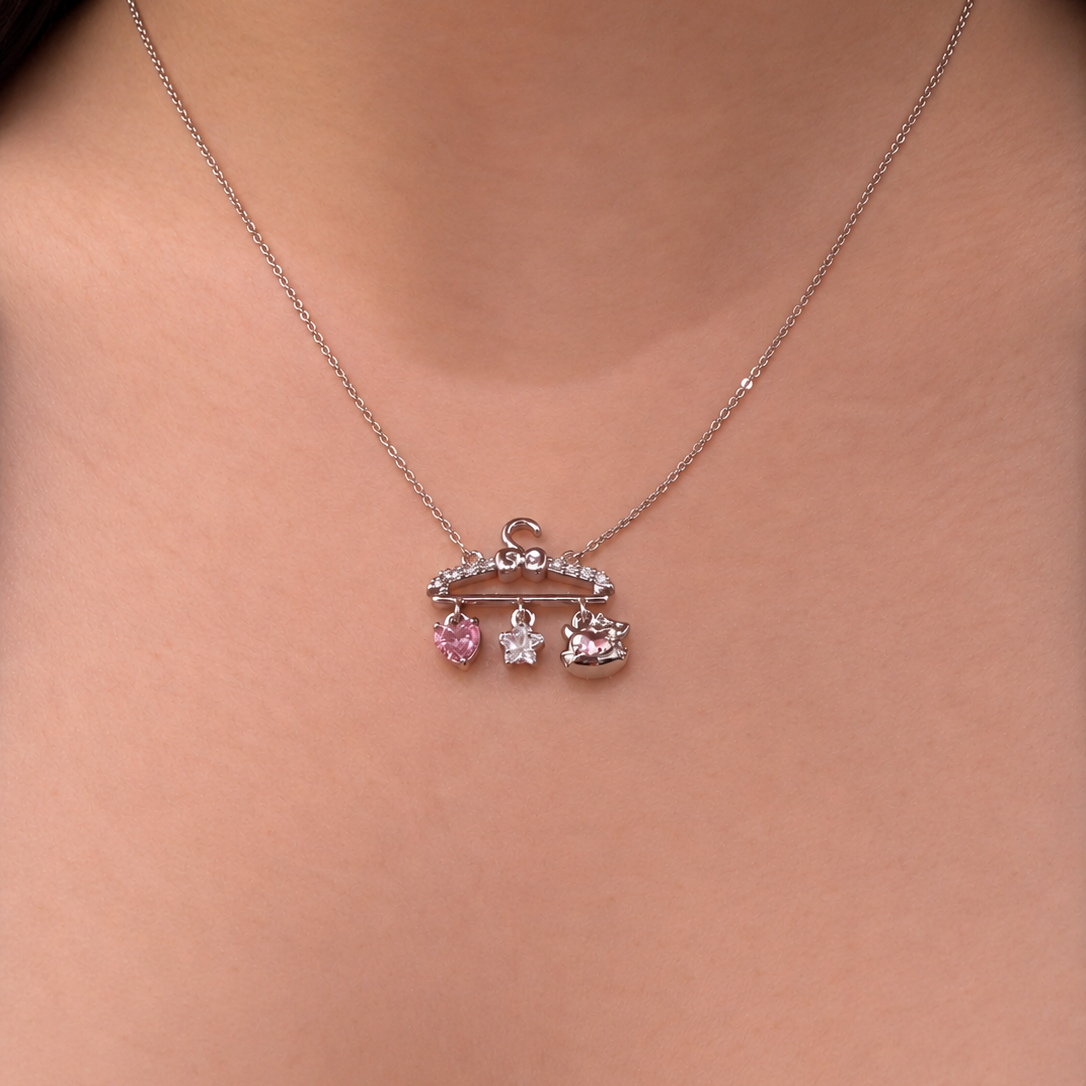 Pink Heart & Hello Kitty Hanger Charm Platinum-Plated Brass Necklace