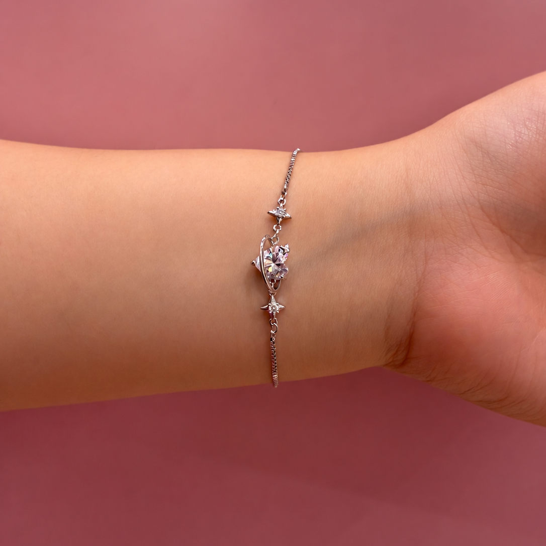 Sparkling Heart Planet Platinum-Plated Brass Bracelet
