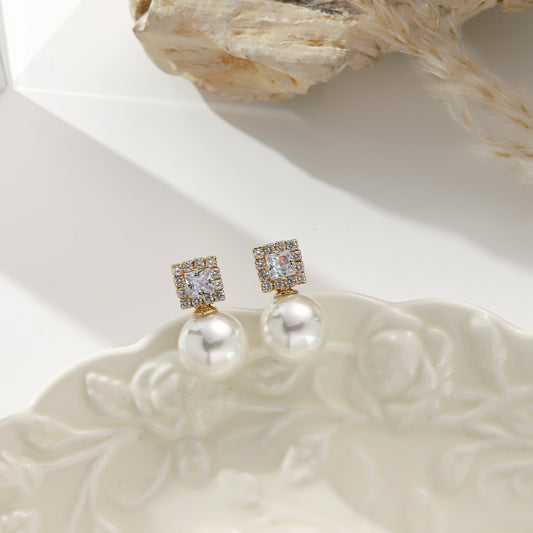 Pearl Stud Earrings with Diamonds – Square Halo Elegance