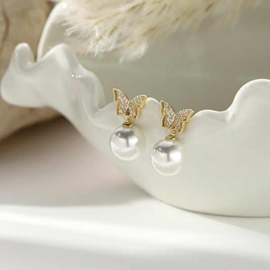 Pearl Stud Earrings with Diamonds – Crystal Butterfly Charm