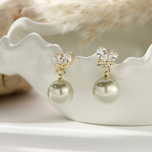 Pearl Stud Earrings with Diamonds – Teardrop Bow Grace