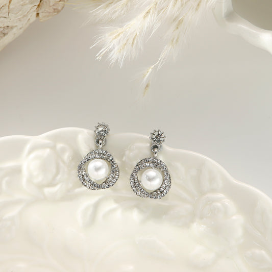 Pearl Stud Earrings with Diamonds – Silver Halo Vintage