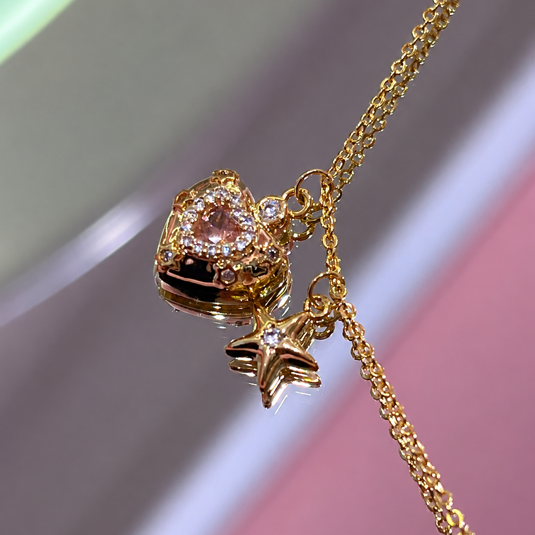 Pink Heart & Star Gold-Plated Brass Pendant Necklace