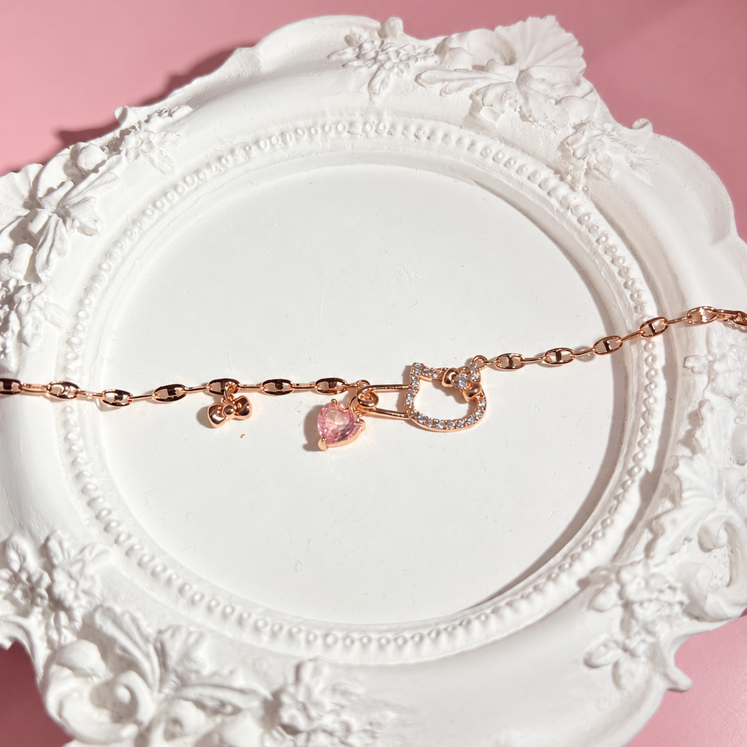 Rose Gold Pink Heart Hello Kitty Charm Gold-Plated Brass Bracelet