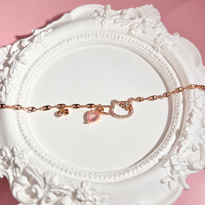 Rose Gold Pink Heart Hello Kitty Charm Gold-Plated Brass Bracelet