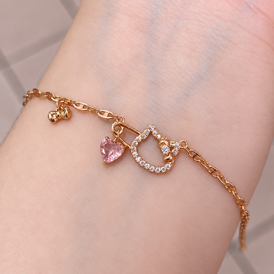 Rose Gold Pink Heart Hello Kitty Charm Gold-Plated Brass Bracelet