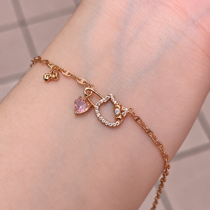 Rose Gold Pink Heart Hello Kitty Charm Gold-Plated Brass Bracelet
