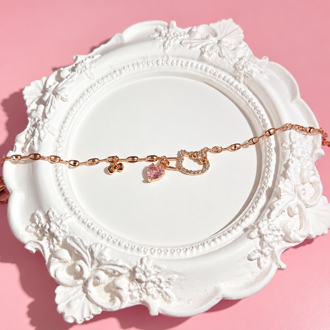 Rose Gold Pink Heart Hello Kitty Charm Gold-Plated Brass Bracelet