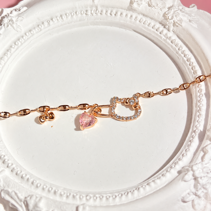 Rose Gold Pink Heart Hello Kitty Charm Gold-Plated Brass Bracelet