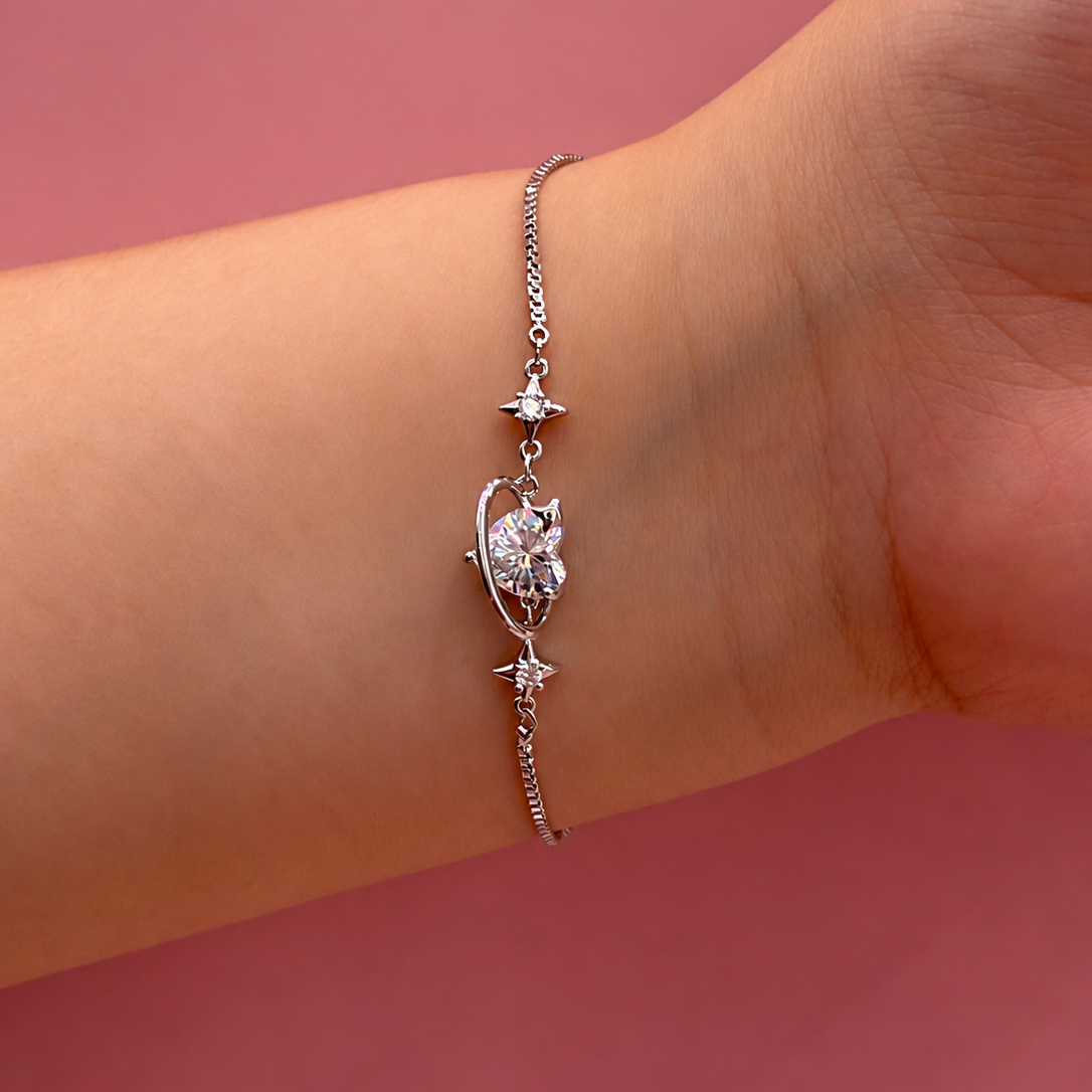 Sparkling Heart Planet Platinum-Plated Brass Bracelet