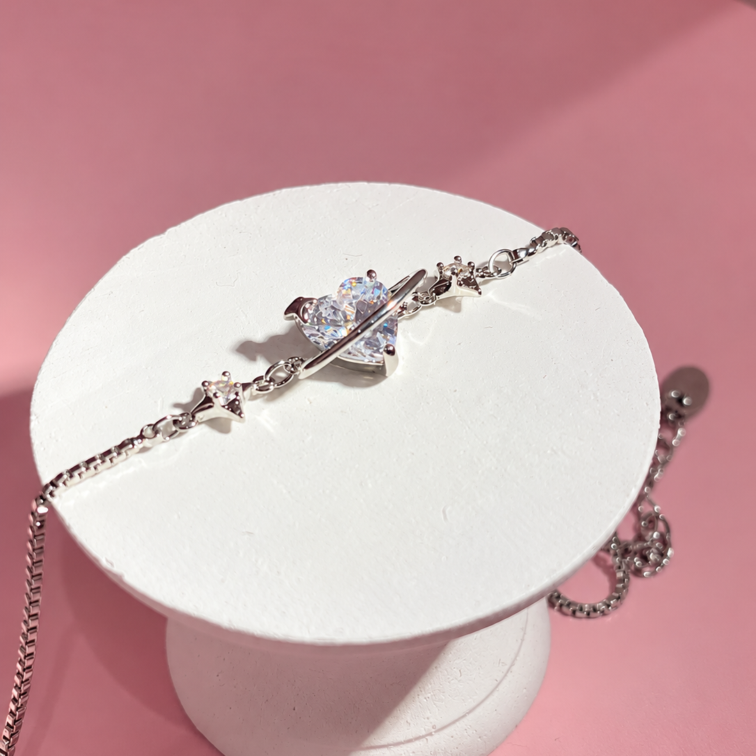 Sparkling Heart Planet Platinum-Plated Brass Bracelet
