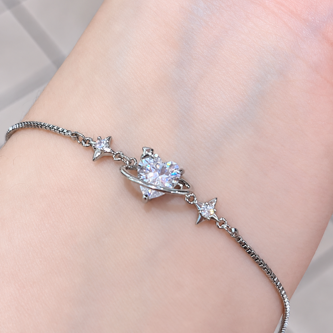 Sparkling Heart Planet Platinum-Plated Brass Bracelet