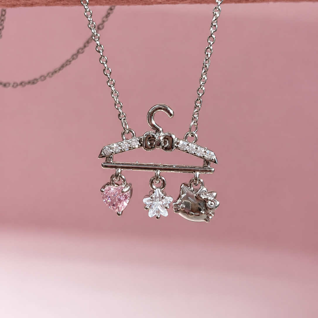Pink Heart & Hello Kitty Hanger Charm Platinum-Plated Brass Necklace
