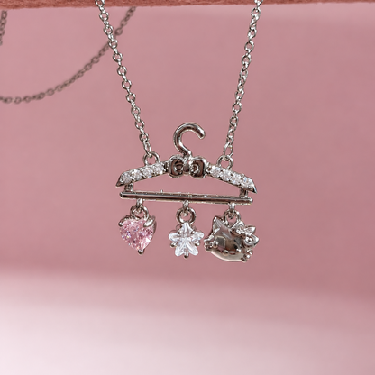 Pink Heart & Hello Kitty Hanger Charm Platinum-Plated Brass Necklace