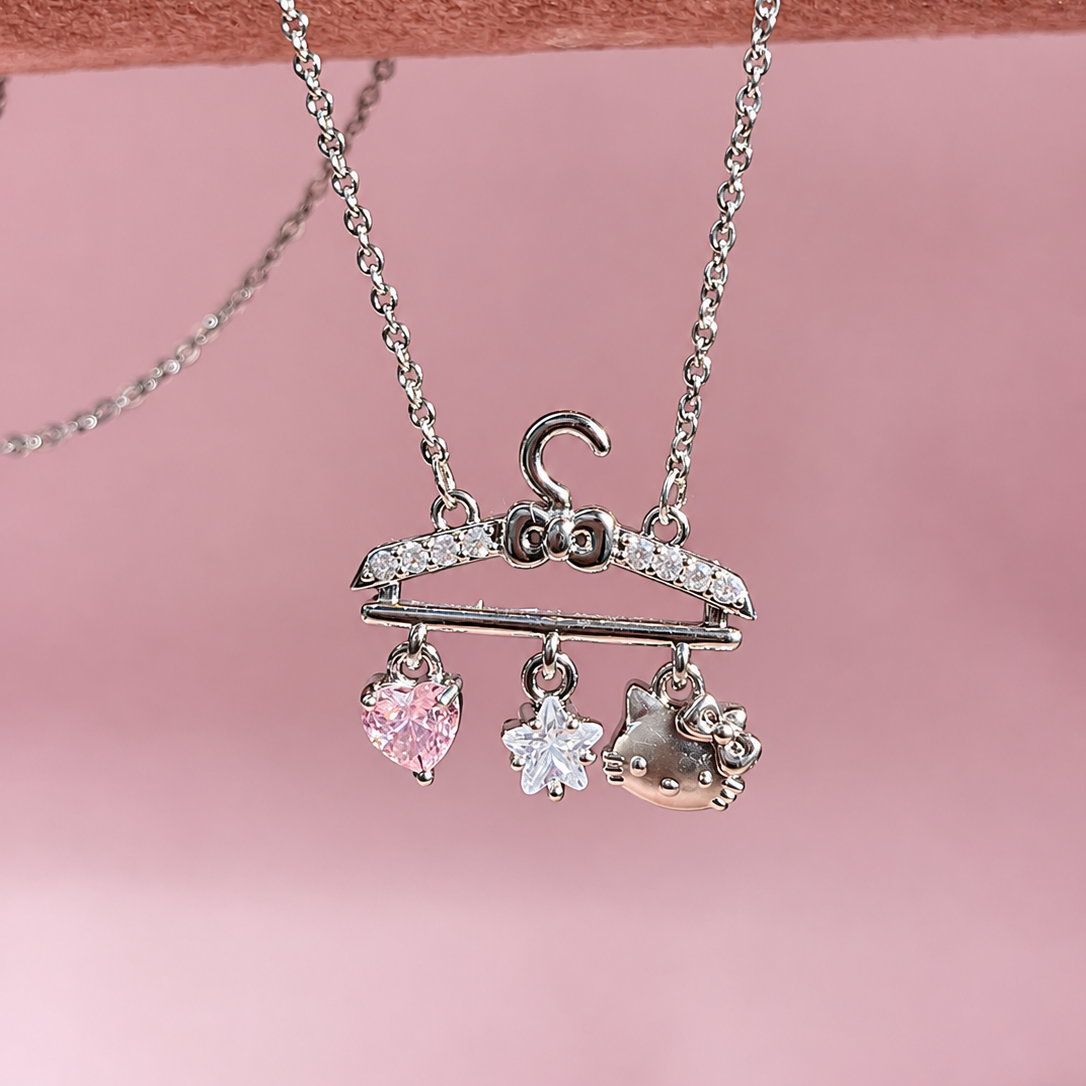 Pink Heart & Hello Kitty Hanger Charm Platinum-Plated Brass Necklace