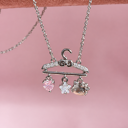 Pink Heart & Hello Kitty Hanger Charm Platinum-Plated Brass Necklace