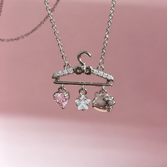 Pink Heart & Hello Kitty Hanger Charm Platinum-Plated Brass Necklace