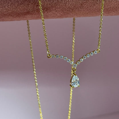 V-Shaped Teardrop Crystal Gold-Plated Brass Pendant Necklace