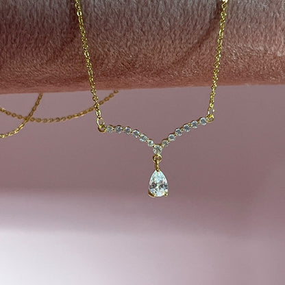 V-Shaped Teardrop Crystal Gold-Plated Brass Pendant Necklace