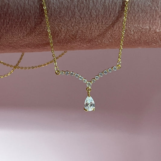 V-Shaped Teardrop Crystal Gold-Plated Brass Pendant Necklace