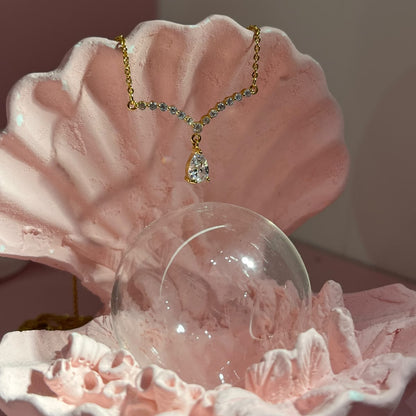 V-Shaped Teardrop Crystal Gold-Plated Brass Pendant Necklace