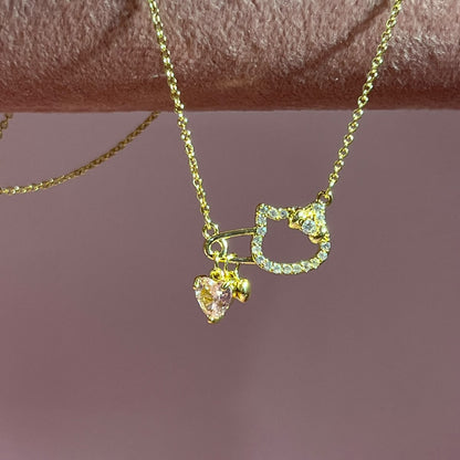 Pink Heart & Hello Kitty Charm Gold-Plated Brass Necklace