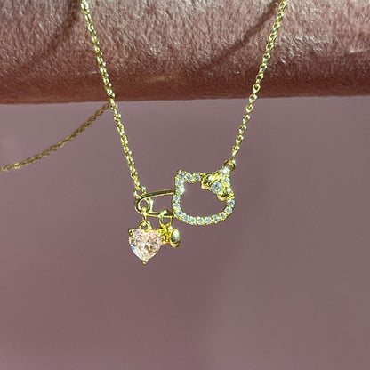 Pink Heart & Hello Kitty Charm Gold-Plated Brass Necklace