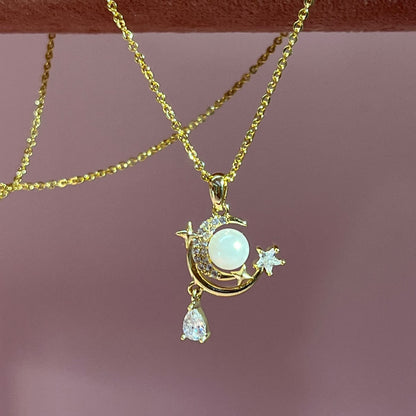 Moon & Star Pearl Gold-Plated Brass Pendant Necklace