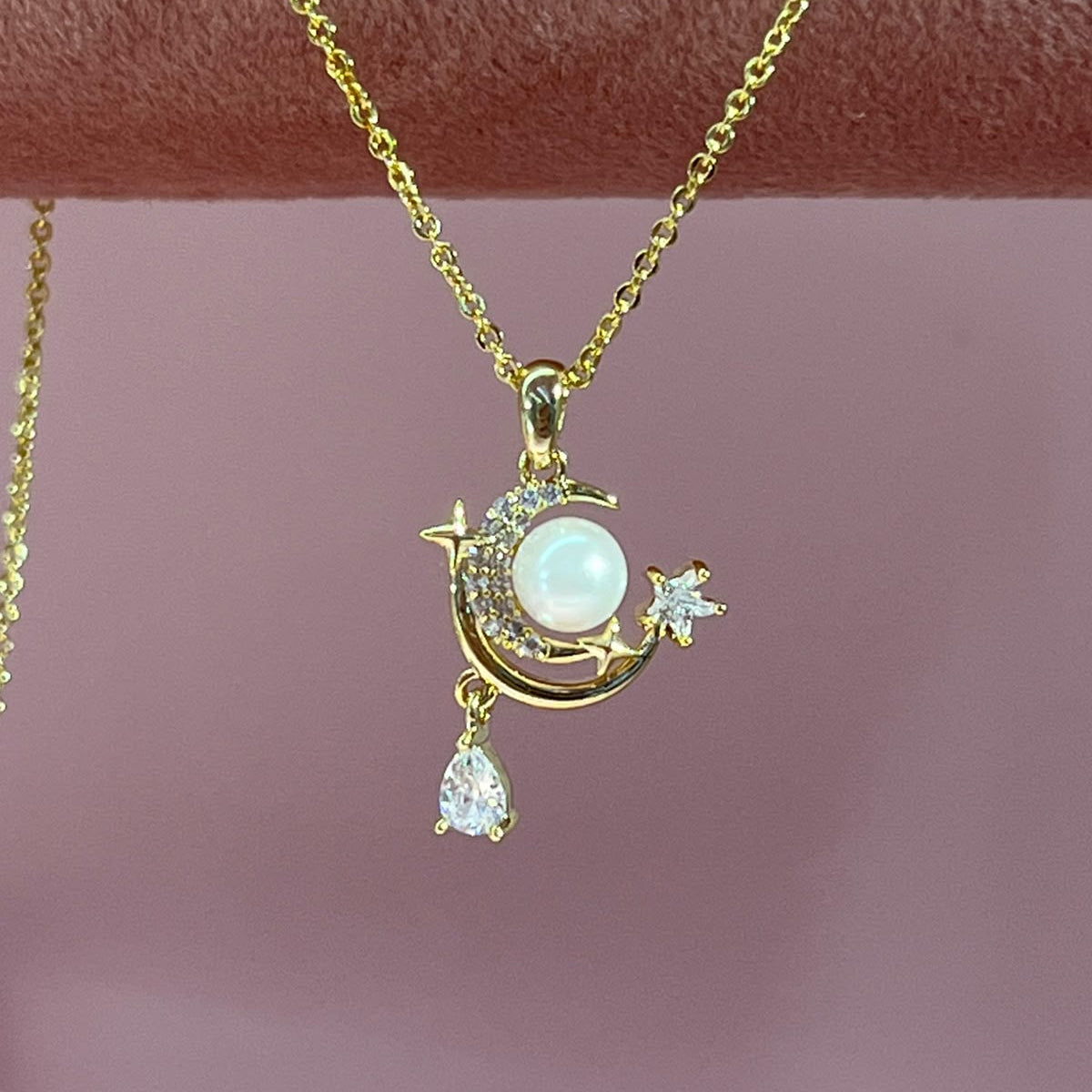 Moon & Star Pearl Gold-Plated Brass Pendant Necklace
