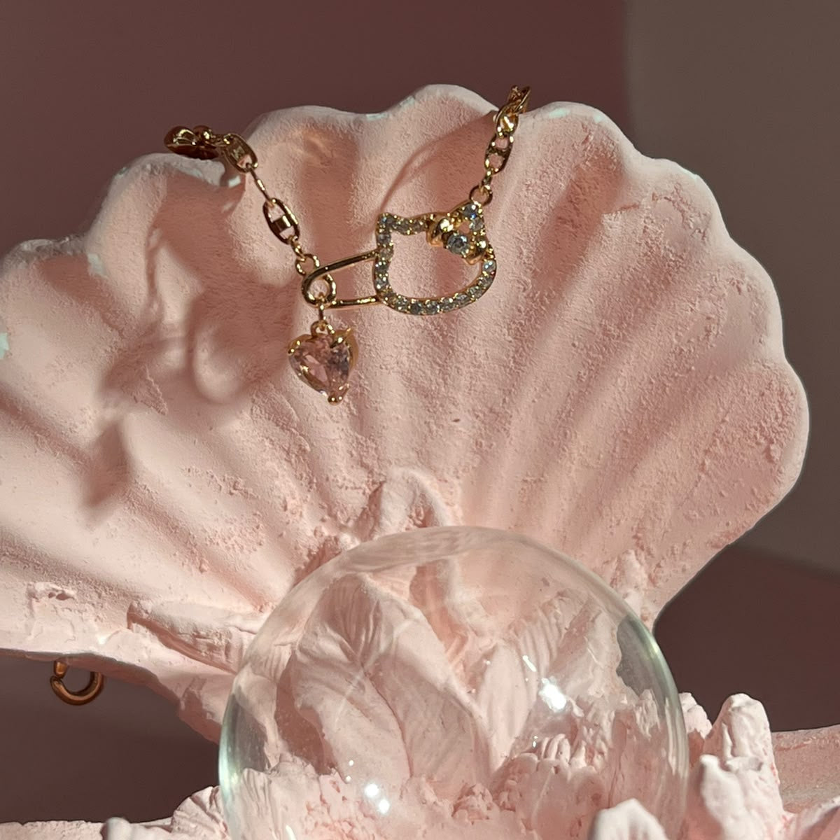 Rose Gold Pink Heart Hello Kitty Charm Gold-Plated Brass Bracelet