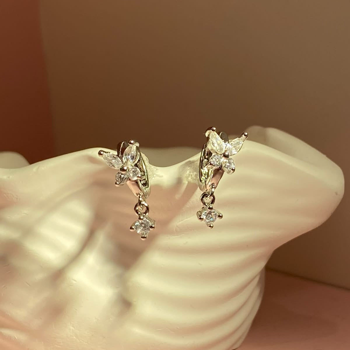 Diamond Butterfly Silver-Plated Brass Huggie Hoop Earrings