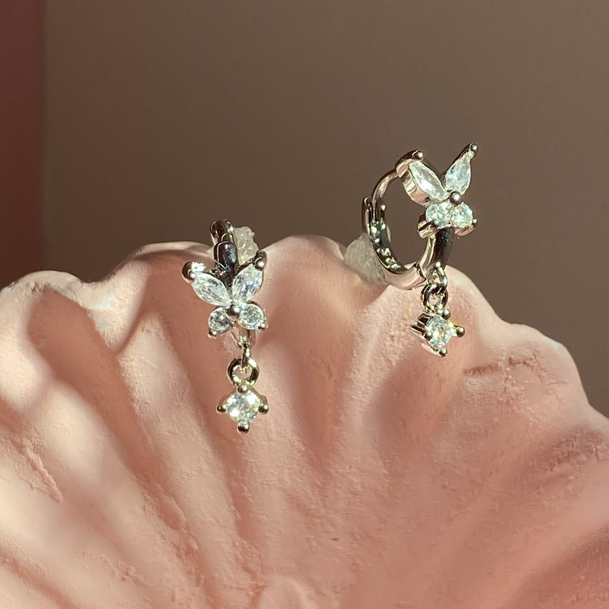 Diamond Butterfly Silver-Plated Brass Huggie Hoop Earrings