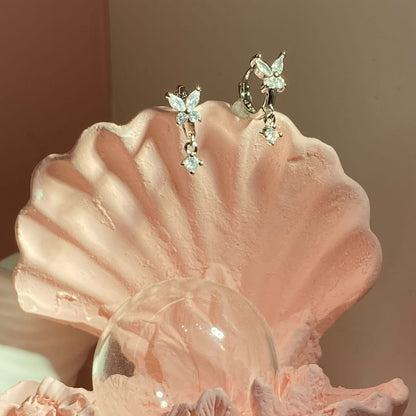 Diamond Butterfly Silver-Plated Brass Huggie Hoop Earrings